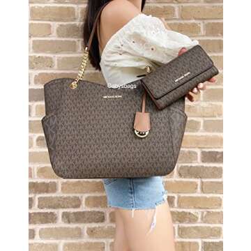 Michael Kors Jet Set Travel Large Chain Shoulder Tote bundled with Trifold Wallet (Brown MK 2021)