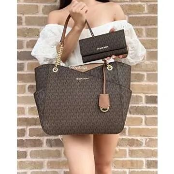 Michael Kors Jet Set Travel Large Chain Shoulder Tote bundled with Trifold Wallet (Brown MK 2021)