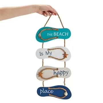 Juvale Wooden Beach Wall Hanging Decor Sign, Flip Flop Coastal Decorations for Home, Bathroom, Living Room, Bedroom and Dining Room, The Beach is My Happy Place (8.7x20.9 In)