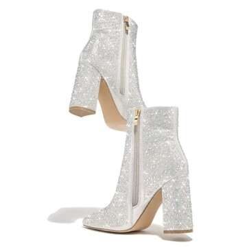 PAZZLE Women's Rhinestone Block Heel Mid Calf Ankle Booties Short Knee High Boots Runway-01