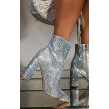 PAZZLE Women's Rhinestone Block Heel Mid Calf Ankle Booties Short Knee High Boots Runway-01
