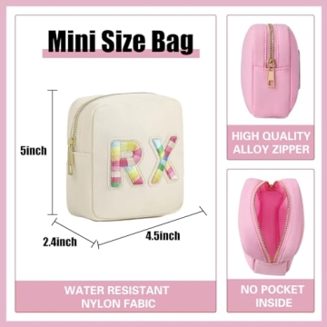 uekeboag Personalized Small Nylon Rx Cosmetic Bag, Cute Chenille Letter Patch Medicine Drug Pouch with Zipper,Preppy Makeup Travel Vitamin Bag for Women and Girls