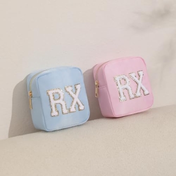 uekeboag Personalized Small Nylon Rx Cosmetic Bag, Cute Chenille Letter Patch Medicine Drug Pouch with Zipper,Preppy Makeup Travel Vitamin Bag for Women and Girls