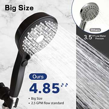 High Pressure Handheld Shower Head 11 Spray Settings, 4.85 inch Pause Switch Water Saving Shower Head, Removable High Flow Bathroom Showerhead with Long Hose and Adjustable Bracket (Matte Black)