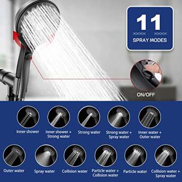 High Pressure Handheld Shower Head 11 Spray Settings, 4.85 inch Pause Switch Water Saving Shower Head, Removable High Flow Bathroom Showerhead with Long Hose and Adjustable Bracket (Matte Black)