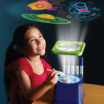Discovery Kids Art Projector with Six Dry Erase Markers and 10 Reusable Drawing Discs, Draw on Reusable Transparent Sheets, Magnify and Project Art onto Ceilings, Walls, and More