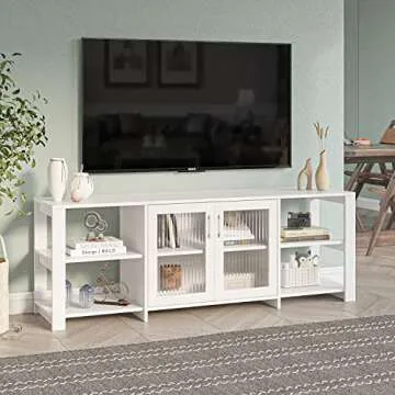 Panana TV Stand Television Stands Cabinet with 2 Doors 4 Open Cubby Storage Cabinets for Living Room Bedroom for TVs up to 70 Inches (White, 62.99 inch)