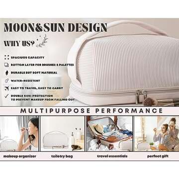MOON&SUN DESIGN 2024 Aesthetic | Extra large Makeup bag | Travel essentials for women | Travel makeup bag | Makeup organizer | Airplane travel essentials Cosmetic bag for Women and Girls gift