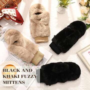 SATINIOR Faux Fur Mittens Fingerless Gloves Convertible Gloves Fluffy Winter Warm Soft Half Finger F...