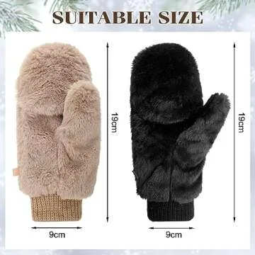 SATINIOR Faux Fur Mittens Fingerless Gloves Convertible Gloves Fluffy Winter Warm Soft Half Finger Fuzzy Mittens for Women(Black, Khaki,2 Pair)