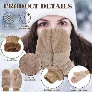 SATINIOR Faux Fur Mittens Fingerless Gloves Convertible Gloves Fluffy Winter Warm Soft Half Finger Fuzzy Mittens for Women(Black, Khaki,2 Pair)