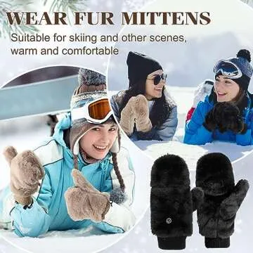 SATINIOR Faux Fur Mittens Fingerless Gloves Convertible Gloves Fluffy Winter Warm Soft Half Finger Fuzzy Mittens for Women(Black, Khaki,2 Pair)
