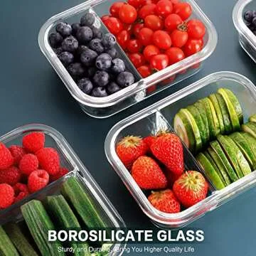 Bayco 10 Pack Glass Meal Prep Containers 2 Compartment, Food Storage Airtight Glass Lunch Bento Boxes, BPA-Free & Leak Proof (10 lids & 10 Containers) - Grey