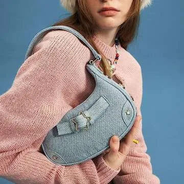 RTGGSEL Women's Contrast Color Plaid Striped Saddle Crossbody Shoulder Underarm Satchel Handbag Tote Clutch Purse Hobo Bag (Star Denim Blue)