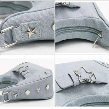 RTGGSEL Women's Contrast Color Plaid Striped Saddle Crossbody Shoulder Underarm Satchel Handbag Tote Clutch Purse Hobo Bag (Star Denim Blue)