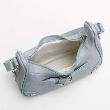 RTGGSEL Women's Contrast Color Plaid Striped Saddle Crossbody Shoulder Underarm Satchel Handbag Tote Clutch Purse Hobo Bag (Star Denim Blue)