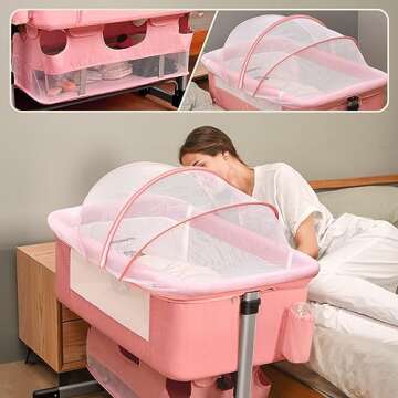 Baby Crib 3-in-1 Bedside Crib Adjustable Portable Bed for Infant in Pink