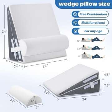 GOHOME Wedge Pillow Set for After Surgery, 3-Piece Adjustable Memory Foam Bed Wedge Pillow for Sleeping - Snoring, Acid Reflux, Neck Pain and Back Pain, White and Grey