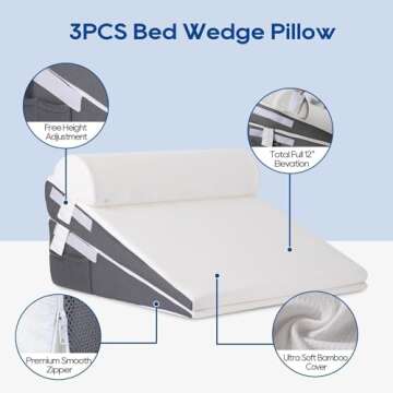 GOHOME Wedge Pillow Set for After Surgery, 3-Piece Adjustable Memory Foam Bed Wedge Pillow for Sleeping - Snoring, Acid Reflux, Neck Pain and Back Pain, White and Grey