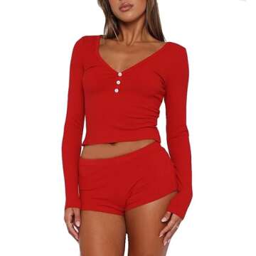REVETRO Womens Long Sleeve Pajama Sets Sexy V Neck 2 Piece PJ Shorts Y2k Lounge Sets Sleepwear Worko...