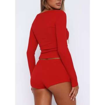 REVETRO Womens Long Sleeve Pajama Sets Sexy V Neck 2 Piece PJ Shorts Y2k Lounge Sets Sleepwear Workout Sets Red S