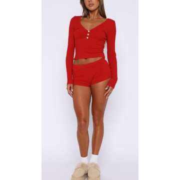 REVETRO Womens Long Sleeve Pajama Sets Sexy V Neck 2 Piece PJ Shorts Y2k Lounge Sets Sleepwear Workout Sets Red S