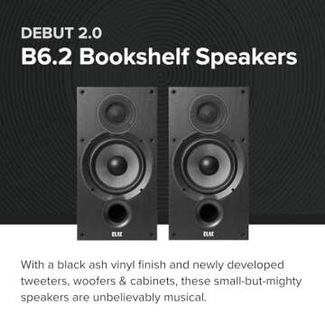 ELAC Debut 2.0 B6.2 Bookshelf Speakers, Black (Pair) - 1” Cloth Dome Tweeter & 6.5” Aramid Fiber Woofer - 2-Way Bass Reflex - Up to 35,000 Hz Response