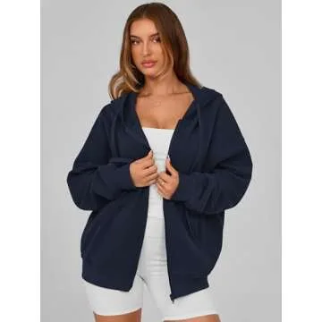 MASCOMODA Women Zip Up Hoodie Trendy Oversized Sweatshirt Casual Long Sleeve Fleece Jacket Fall Winter Clothes with Pockets(Navy,Small)
