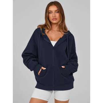 MASCOMODA Women Zip Up Hoodie Trendy Oversized Sweatshirt Casual Long Sleeve Fleece Jacket Fall Winter Clothes with Pockets(Navy,Small)