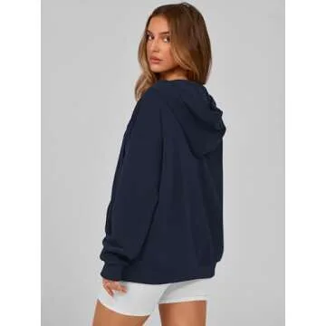 MASCOMODA Women Zip Up Hoodie Trendy Oversized Sweatshirt Casual Long Sleeve Fleece Jacket Fall Winter Clothes with Pockets(Navy,Small)