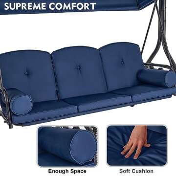 HOMREST 3 Seat Outdoor Porch Swing with Adjustable Canopy, Convertible Patio Swing Bed with Stand, Patio Glider Swing with Upgraded Cup Holder, Thicken Cushions ＆ Pillow for Backyard (Blue)