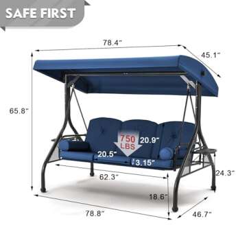 HOMREST 3 Seat Outdoor Porch Swing with Adjustable Canopy, Convertible Patio Swing Bed with Stand, Patio Glider Swing with Upgraded Cup Holder, Thicken Cushions ＆ Pillow for Backyard (Blue)