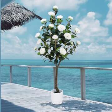 Artificial Camellia Tree 4FT – Nearly Natural Faux Plants Indoor, with Easy Assembly, Low Maintenance, Ideal for Both Indoor Decoration and Other Purposes，Perfect Porch Christmas Trees (White, 4 FT)