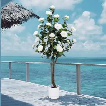 Artificial Camellia Tree 4FT – Nearly Natural Faux Plants Indoor, with Easy Assembly, Low Maintenance, Ideal for Both Indoor Decoration and Other Purposes，Perfect Porch Christmas Trees (White, 4 FT)