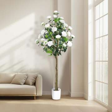 Artificial Camellia Tree 4FT – Nearly Natural Faux Plants Indoor, with Easy Assembly, Low Maintenance, Ideal for Both Indoor Decoration and Other Purposes，Perfect Porch Christmas Trees (White, 4 FT)