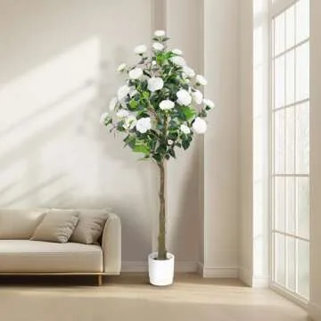 Artificial Camellia Tree 4FT – Nearly Natural Faux Plants Indoor, with Easy Assembly, Low Maintenance, Ideal for Both Indoor Decoration and Other Purposes，Perfect Porch Christmas Trees (White, 4 FT)