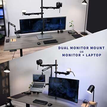 VIVO All-in-One Computer Studio Desk Mount, Mic Boom, Dual Monitor Mount up to 32 inches, Laptop Stand, Livestream Arms Compatible with Cameras, Lighting, Phone/Tablet Adapters, STAND-LIVE2L