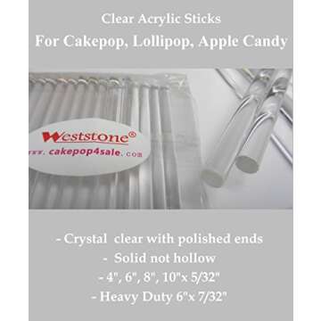 Weststone Reusable 50pcs 6" X 5/32" Clear Acrylic Lollipop Sticks for Cake Pops Lollipop Candy