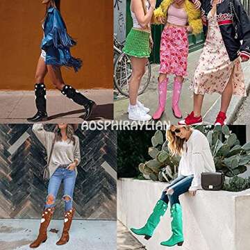 AOSPHIRAYLIAN Womens Mid Calf Boots Chunky Heel Cute Heart Cowgirl Cowboy Colorful Western Cosplay Party Boots