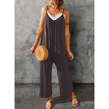 Dokotoo Women's Loose Plus Size Jumpsuits for Women Adjustable Spaghetti Strap Stretchy Wide Leg Solid One Piece Sleeveless Long Pant Romper Jumpsuit with Pockets Brown 4XLarge