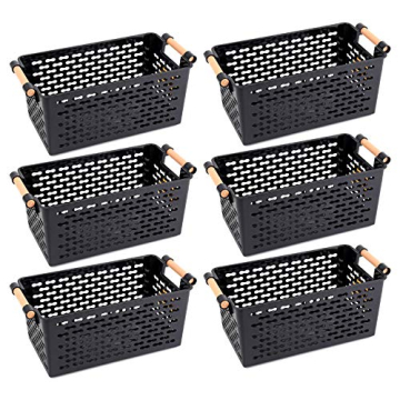 Yesland 6 Pack Black Plastic Storage Baskets - Stylish Organizer Bins with Handles for Home and Offi...