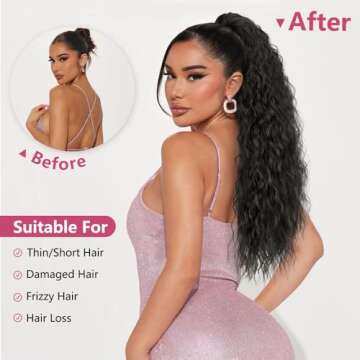 ALXNAN Claw Clip Ponytail,26 Inch Natural Black Ponytail Extension for Women Synthetic Long Curly Wa...