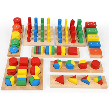 TOWO Wooden Geometric Shapes Stacking Rings and Fractions Boards 8 in 1 Set Puzzles- Shape Sorter So...