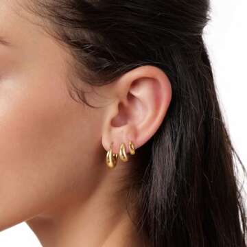 Tasiso Chunky Gold Earrings for Women, Dainty 14K Gold Plated Huggie Hoop Earrings Lightweight Hypoa...