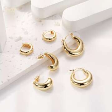 Tasiso Chunky Gold Earrings for Women, Dainty 14K Gold Plated Huggie Hoop Earrings Lightweight Hypoallergenic Earring Set Cute Earrings Pack for Women Trendy Jewelry Gifts