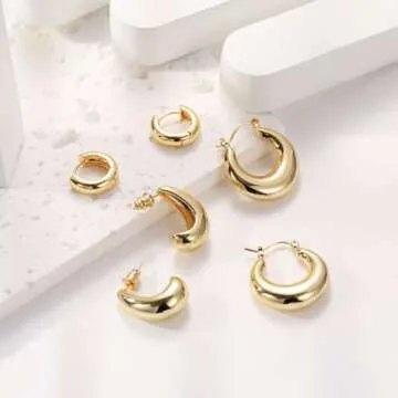 Tasiso Chunky Gold Earrings for Women, Dainty 14K Gold Plated Huggie Hoop Earrings Lightweight Hypoallergenic Earring Set Cute Earrings Pack for Women Trendy Jewelry Gifts