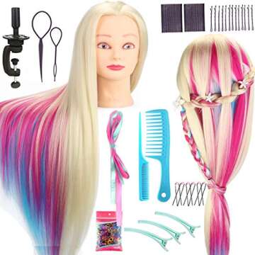 Kyerivs Mannequin Head Hair Styling Training Head Cosmetology Doll Head Manikin Practice Head Synthetic Fiber Hair Braiding Mannequin Head with Clamp & Hair Styling Kit (Colorful)