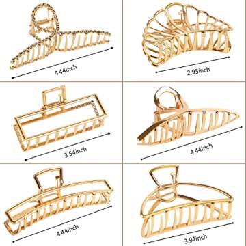 6 Pcs Large Gold Metal Hair Clips for Women, Big Claw Clips for Thick Hair, Strong Hold Clips for Thin Hair, Non-slip Fashion Hair Accessories