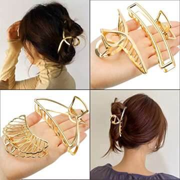 6 Pcs Large Gold Metal Hair Clips for Women, Big Claw Clips for Thick Hair, Strong Hold Clips for Thin Hair, Non-slip Fashion Hair Accessories