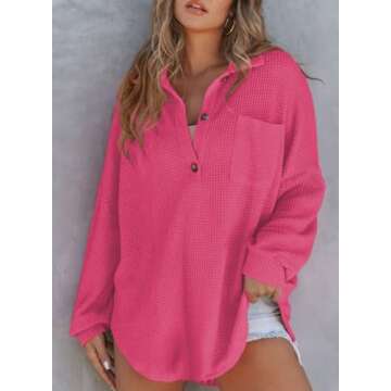 Astylish Women Oversized Waffle Shirts V Neck Long Sleeve Loose Blouses Versatile Button Lightweight...